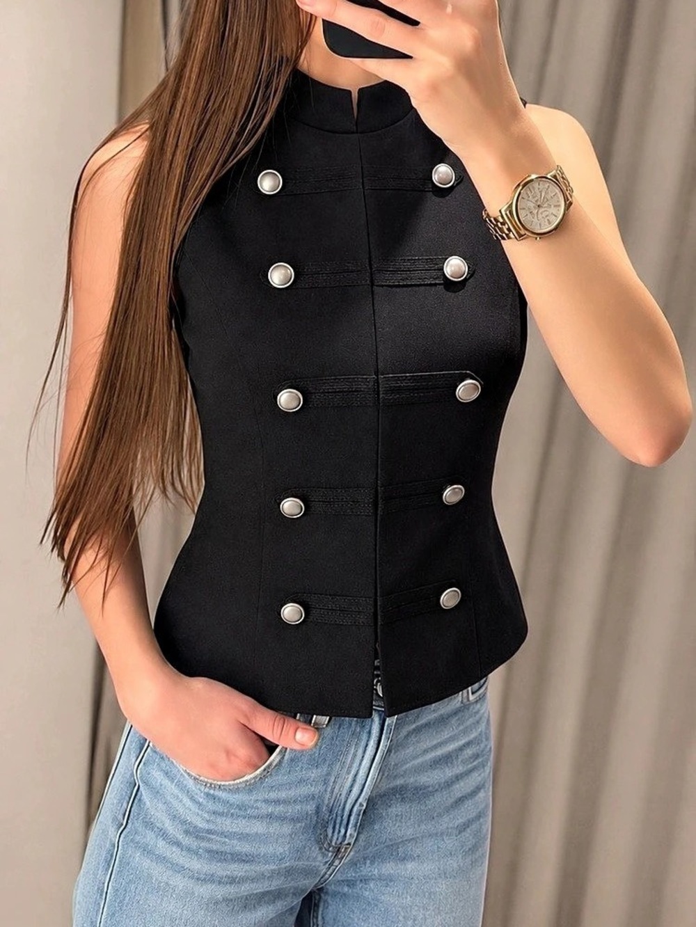 Black Sleeveless Fitted Vest For Women, Stand Collar, Double-Breasted, British M